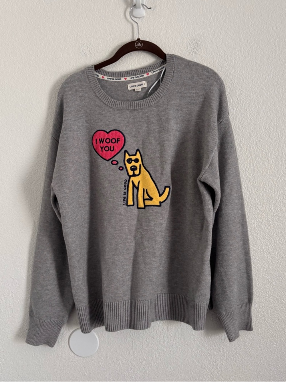 Life is Good Size Large Gray "I Woof You" Dog Pullover Sweater